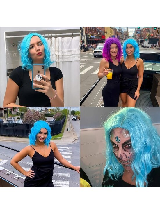 Women Sky blue Heat Resitant Wavy Curly Cosplay Halloween Bob Party Wig